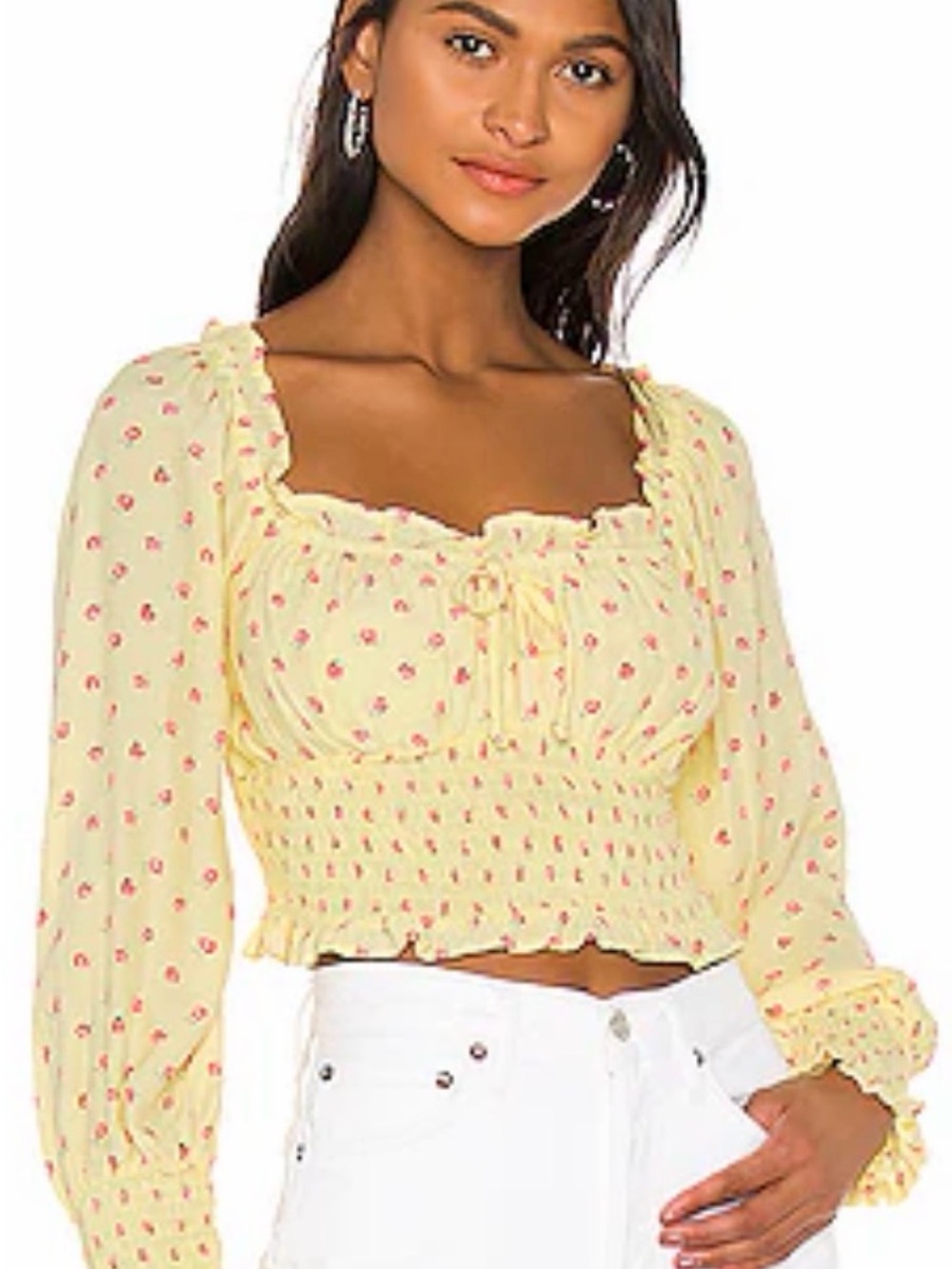 Faithfull the Brand Yellow Smocked Crop Top with Pink Floral Print- NWOT